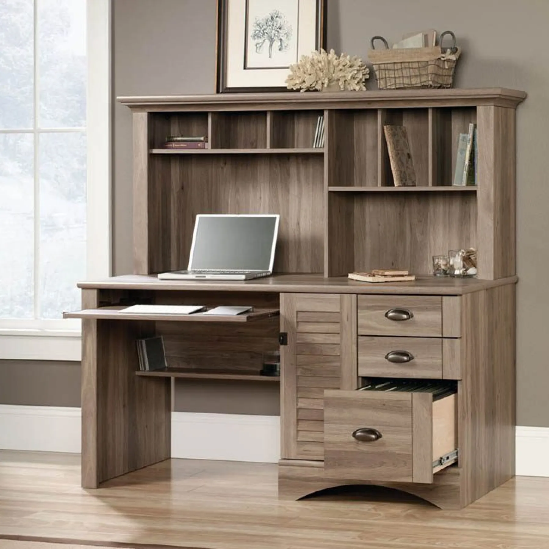 LOF Direct T Eknik Lourve hutch desk drawers open