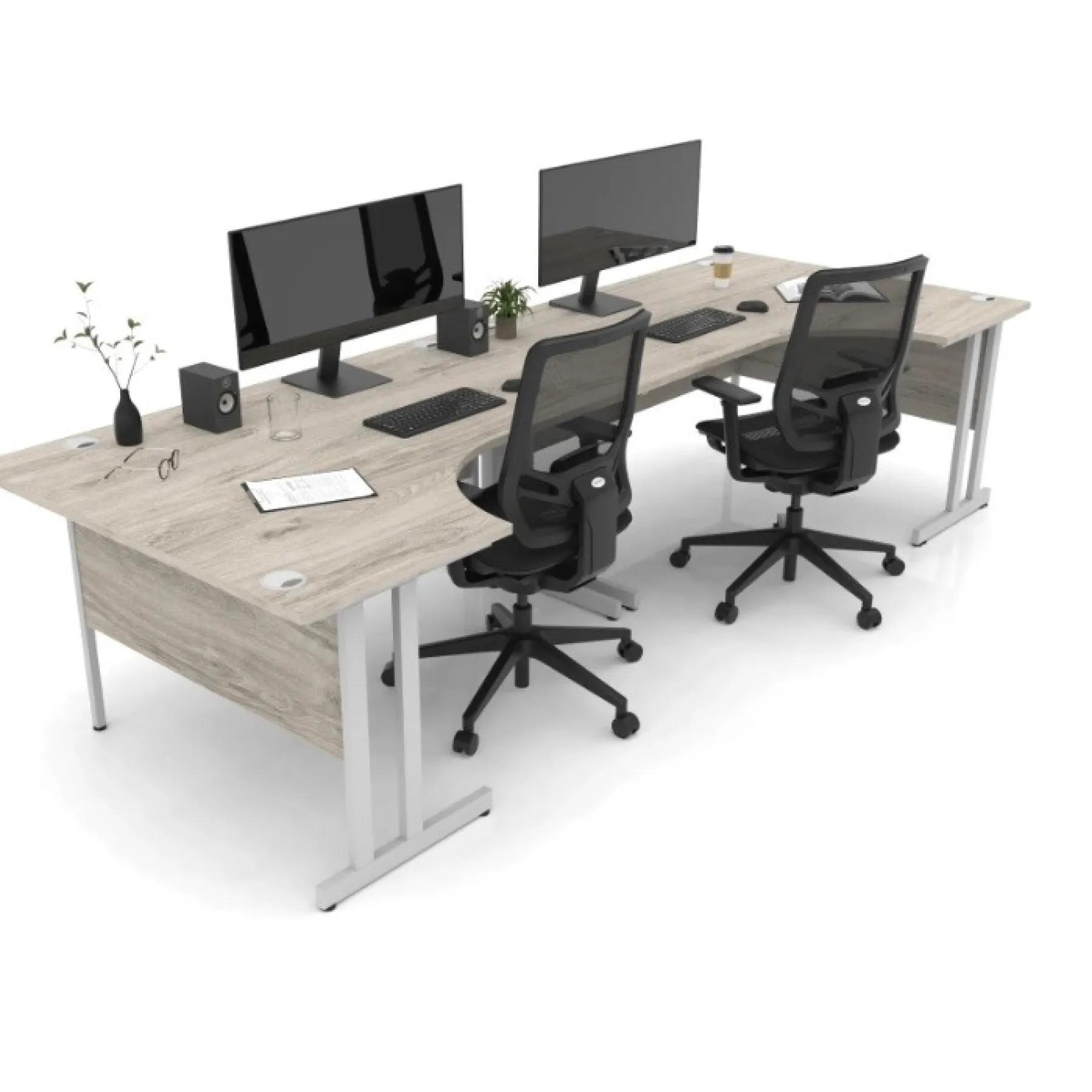 LOF Direct Dynamic Impulse Cantilever Crescent Desks Grey Oak Roomset