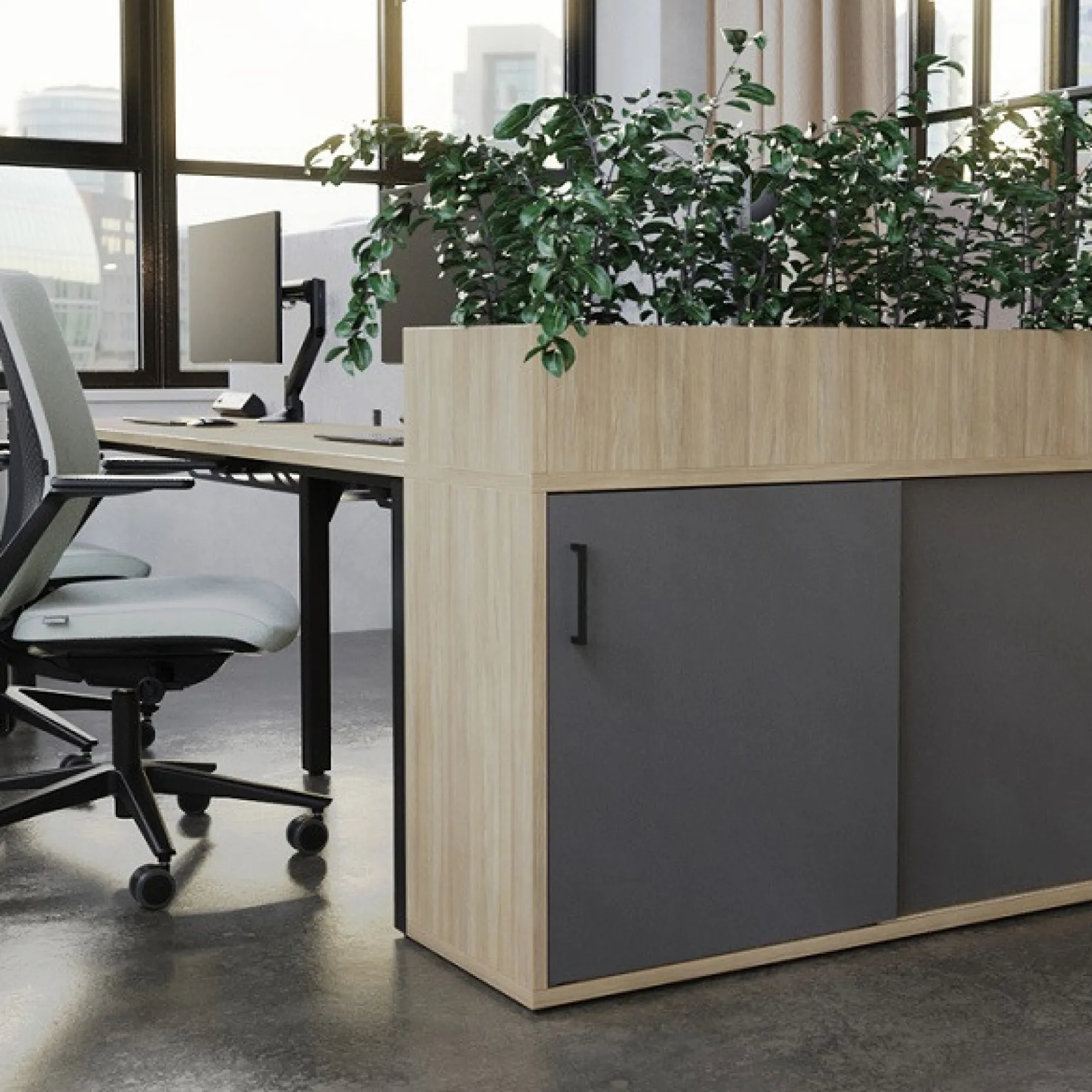 LOF Direct SYSTM Bench Desks Formetiq with planters