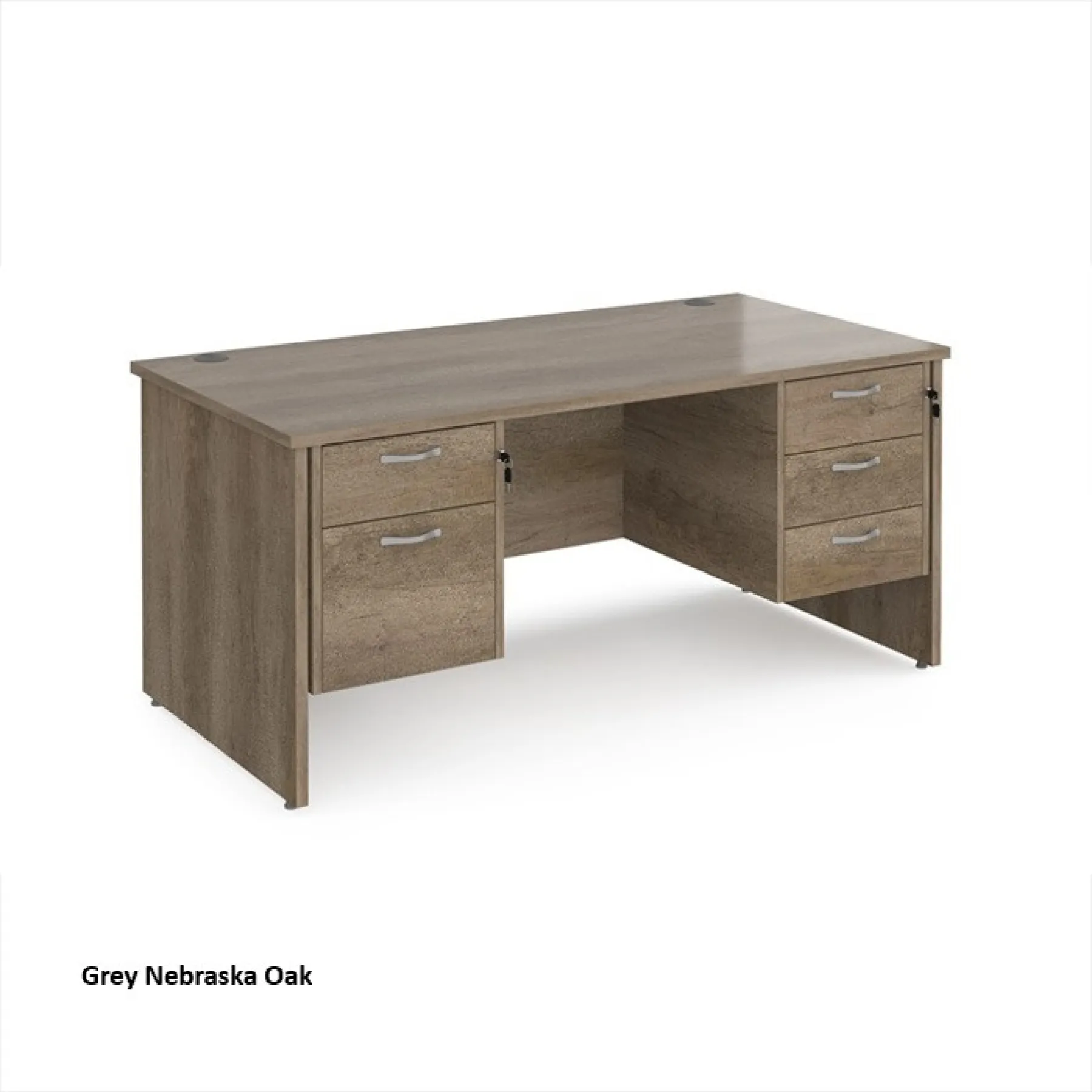 Dams panel ended maestro desk with 2 3 drawer pedestals mp16p23 grey nebraska oak