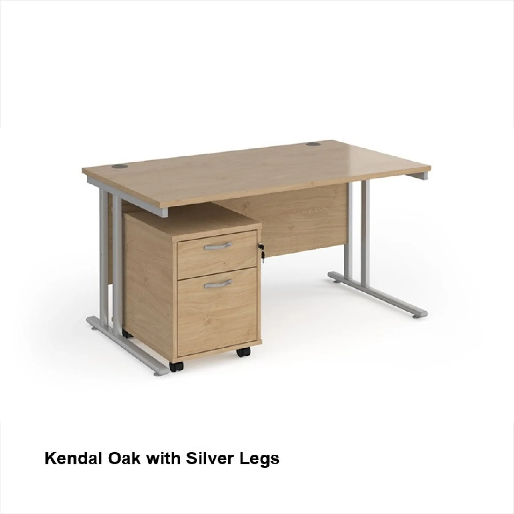 Dams straight desk with mobile 2 drawer pedestal bundle kendal oak silver legs