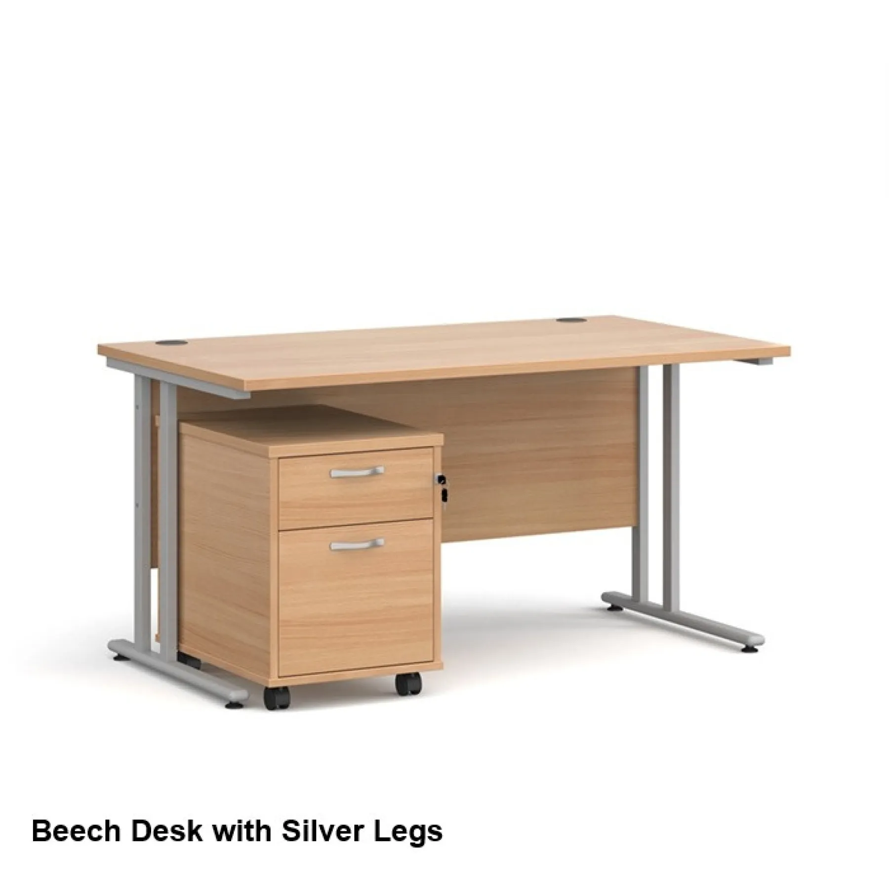 Dams straight desk with mobile 2 drawer pedestal bundle beech silver legs