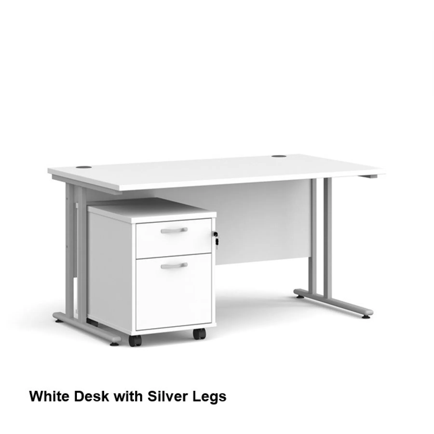 Dams straight desk with mobile 2 drawer pedestal bundle white silver legs