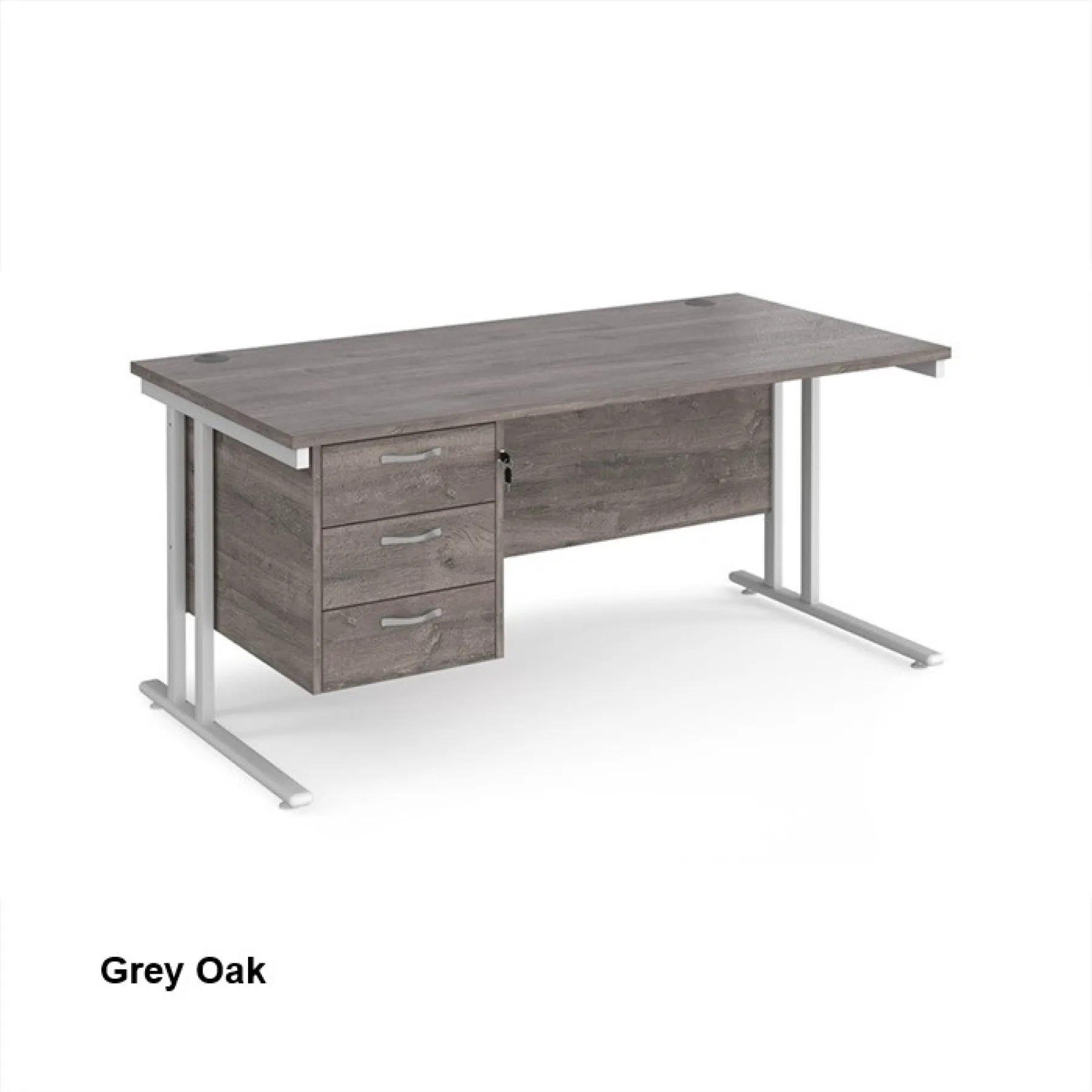 Dams straight desk with fixed 3 drawer pedestal grey oak