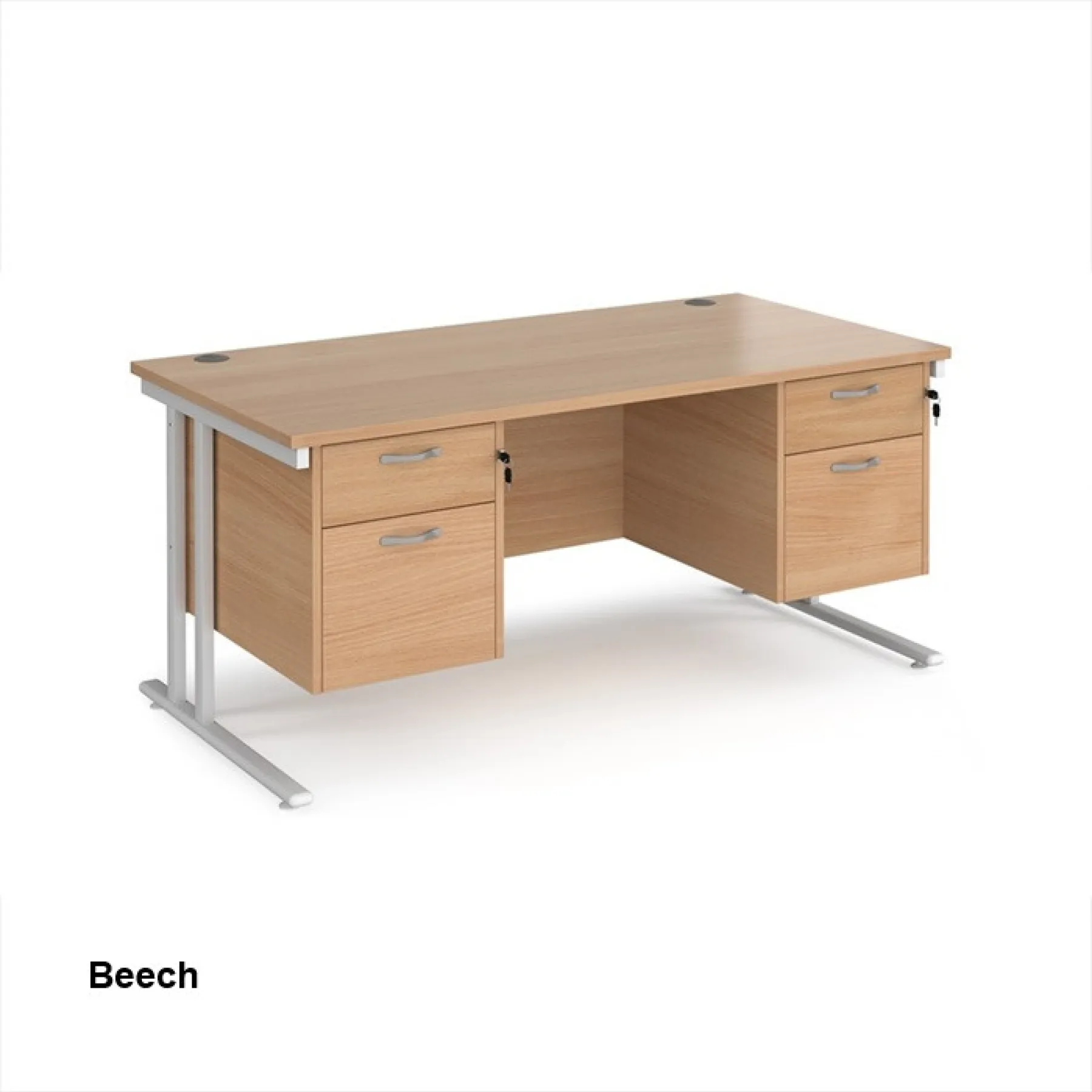 Dams straight desk with fixed two 2 drawer pedestals beech